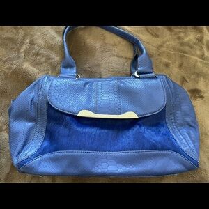 B MAKOWSKY NAVY BLUE HANDBAG PURSE SATCHEL COBRA EMBOSSED WITH HAIR CALF EUC